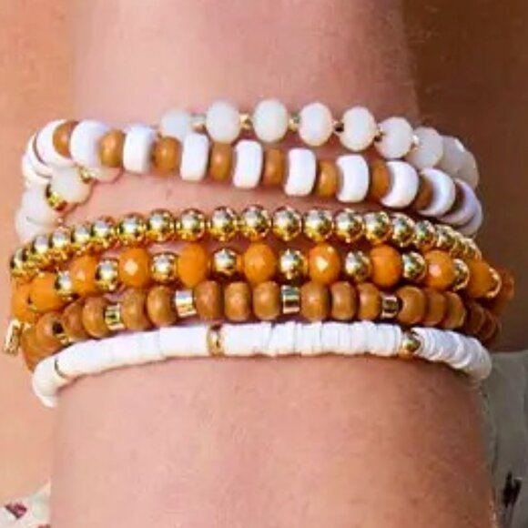 6 Stackable Bracelets - Crystal Heart Accent, Wood & Golden Beads, Neutral - Picture 3 of 5